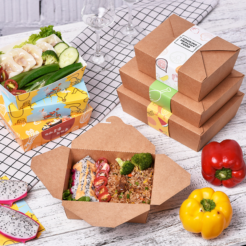New-style kraft paper food containers for takeaway and delivery—disposable boxes perfect for fried rice, salads, fried chicken, grilled meats, and bento-style fast-food meals.