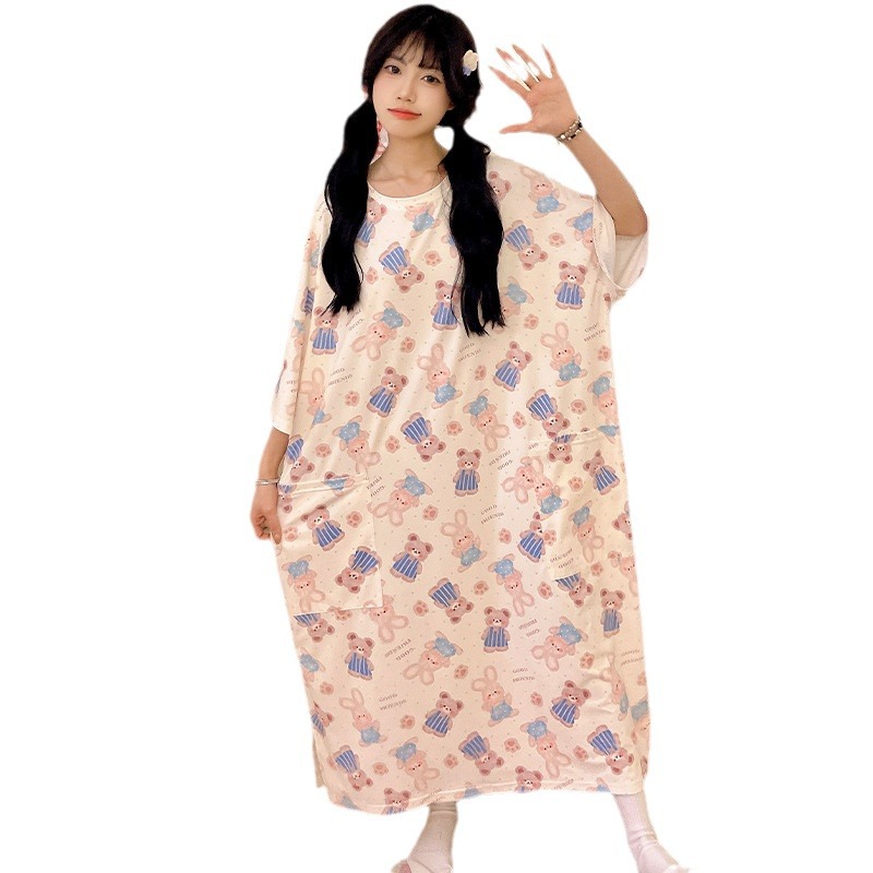 大码睡裙女夏短袖冰丝棉超长款到脚踝日系简约胖mm200斤宽松睡衣