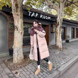 撞色羽绒服女长款2025冬季新款过膝连帽韩版加厚宽松白鸭绒外套潮