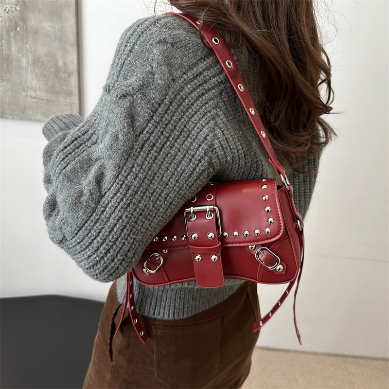 2025 New Trendy Studded Leopard Print Designer Motorcycle Shoulder Bag Crossbody Underarm Baguette Bag For Women - Thumbnail 2