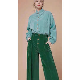 2369秋装多巴胺搭配一整套高级感名媛小香风衬衫绿色裤子套装女