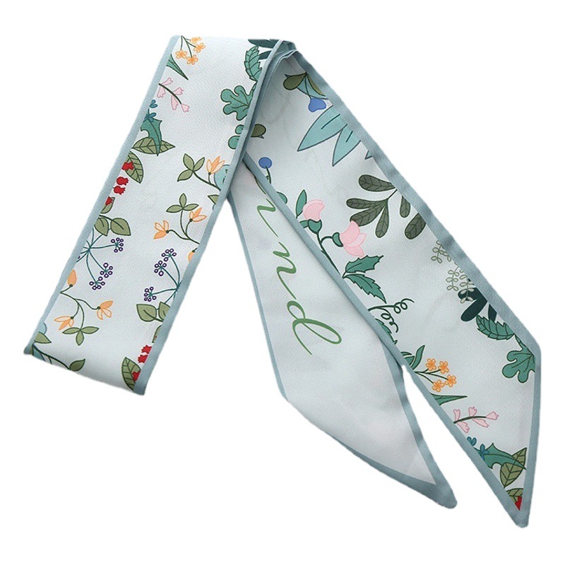 Cinta de primavera impresión larga estrecha ángulo pequeña bufanda de seda elegante estilo coreano banda de pelo bolsa de accesorios para el cabello entrega de una sola pieza