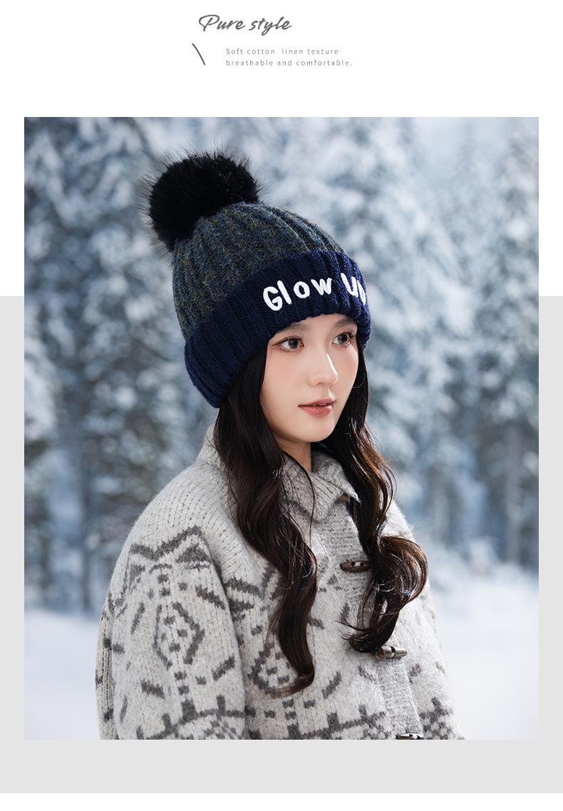 Gorro de lana de punto con bordado de letras inglesas, versátil, bonito y cálido, ideal para otoño e invierno. Con pompón. Estilo coreano._voghion.com