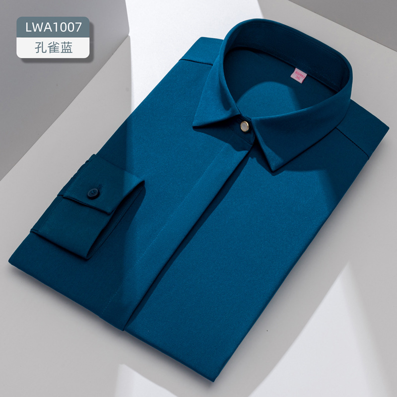 Camisa de negocios de manga larga, color liso, elástica, corte ajustado, ropa de trabajo blanca, ropa formal, ropa profesional, camisa elegante de fibra de bambú para mujer. image 14
