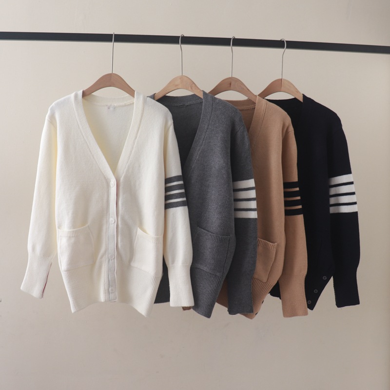 秋冬新款tb学院风V领双口袋宽松休闲针织开衫时尚男女情侣款外套