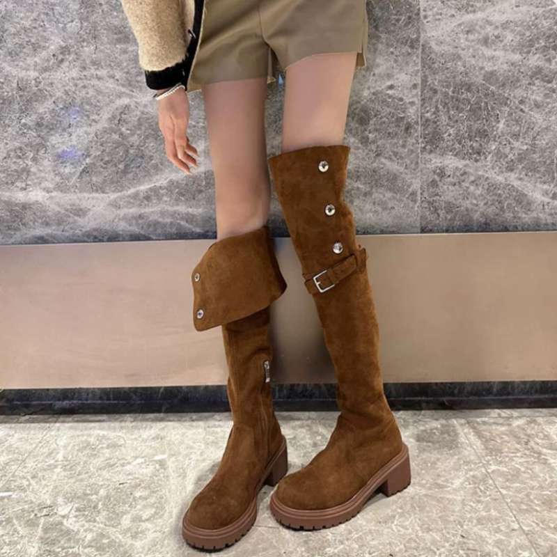 sukii レトロブラウンツーウェアメイラードスエードハイブーツ太ヒールニーハイブーツハイブーツレディース