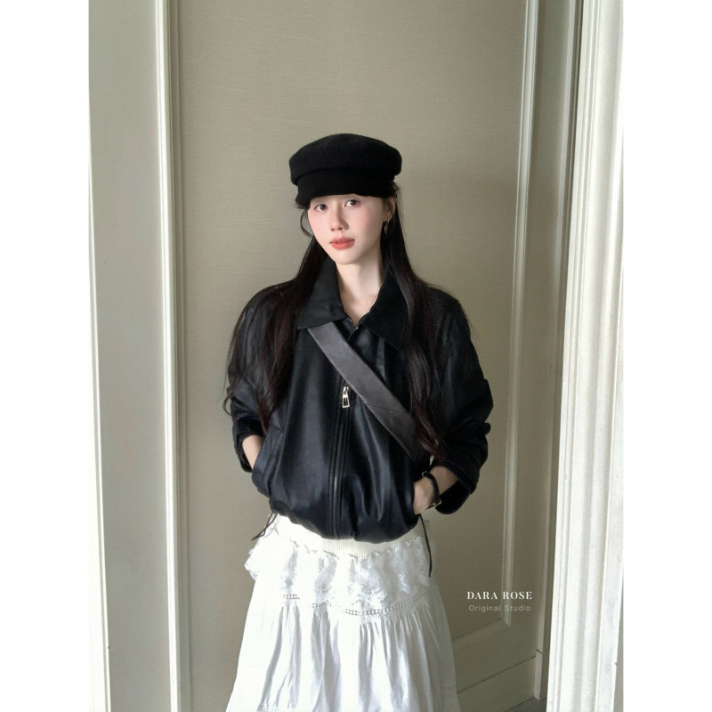DARA ROSE-韩系百搭时髦黑色翻领纯色洋气简约皮衣P3979|undefined