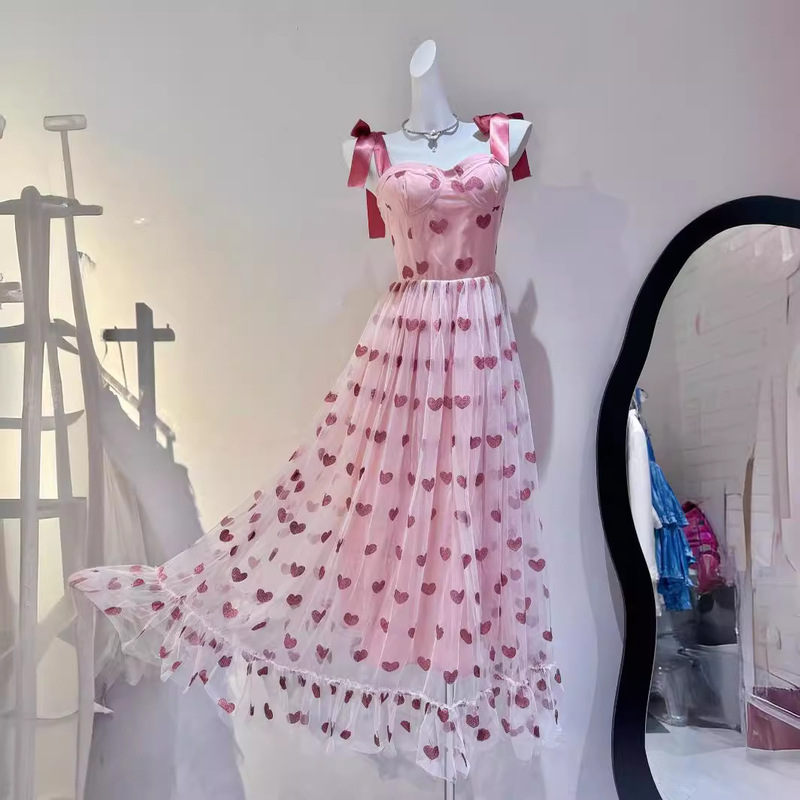 Thirteen Lines 2024 New Summer Style Sweet Pink Suspender Dress Seaside Resort Style Large Hem Mesh Long Skirt Fairy