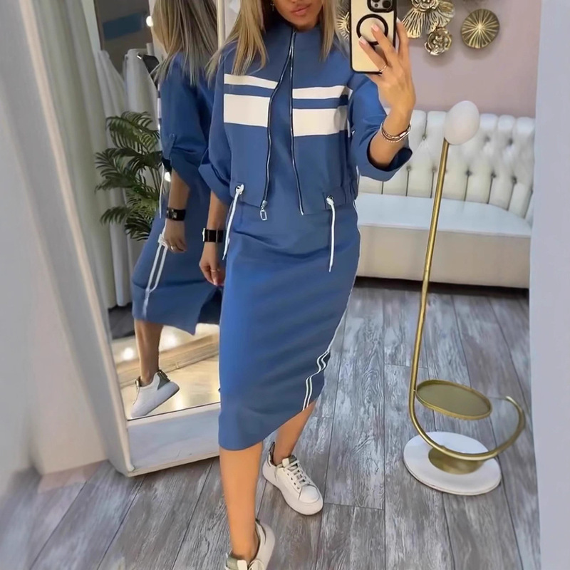 2025 Autumn and Winter European and American Cross-Border Independent Station Hip-Covering Knee-Length White Striped Dress Zipper Jacket Jacket Suit for Women