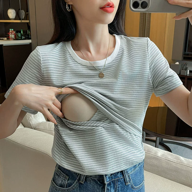 Одежда для беременных летом новая хлопчатобумажная футболка для кормления