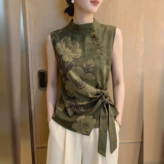 2026年夏季法式无袖立领上衣女绿色系带设计感小众显瘦时尚感
