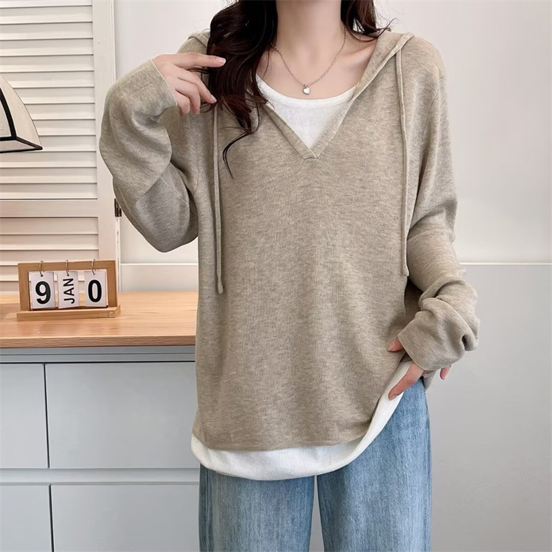 长袖针织衫女假2件撞色2024秋连帽上衣胖mm套装帽衫698|undefined