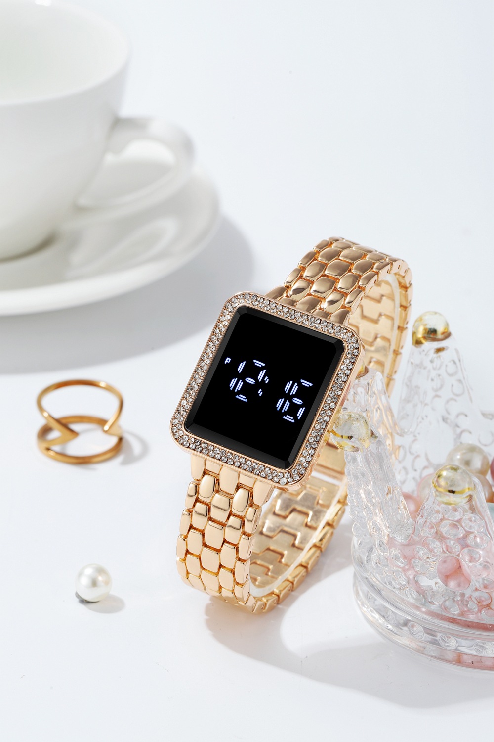 Neues trendiges LED-Display mit Touchscreen, vielseitige elektronische Damenuhr, luxuriöse Diamanteinlage, Ihre Uhr_voghion.com