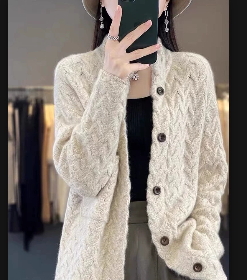 Cardigan, solid woolen long-sleeve, sweater, jacket, autumn, increased thickness, oversize