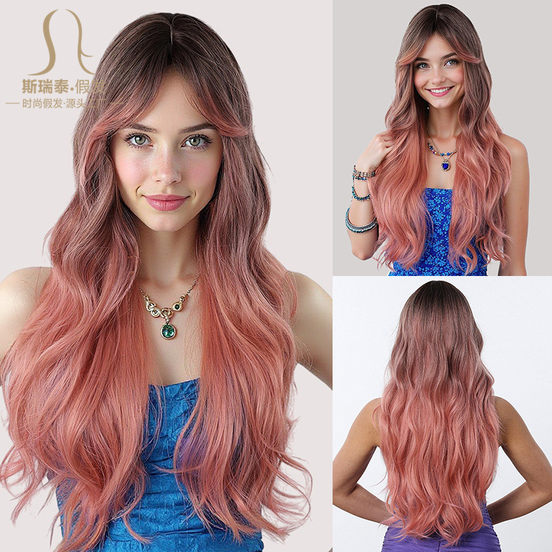 2025 Cross-Border Wig Female Daily Internet Celebrity Sweet Head Dyed Black Pink Gradient Scandinavian American Wig Export