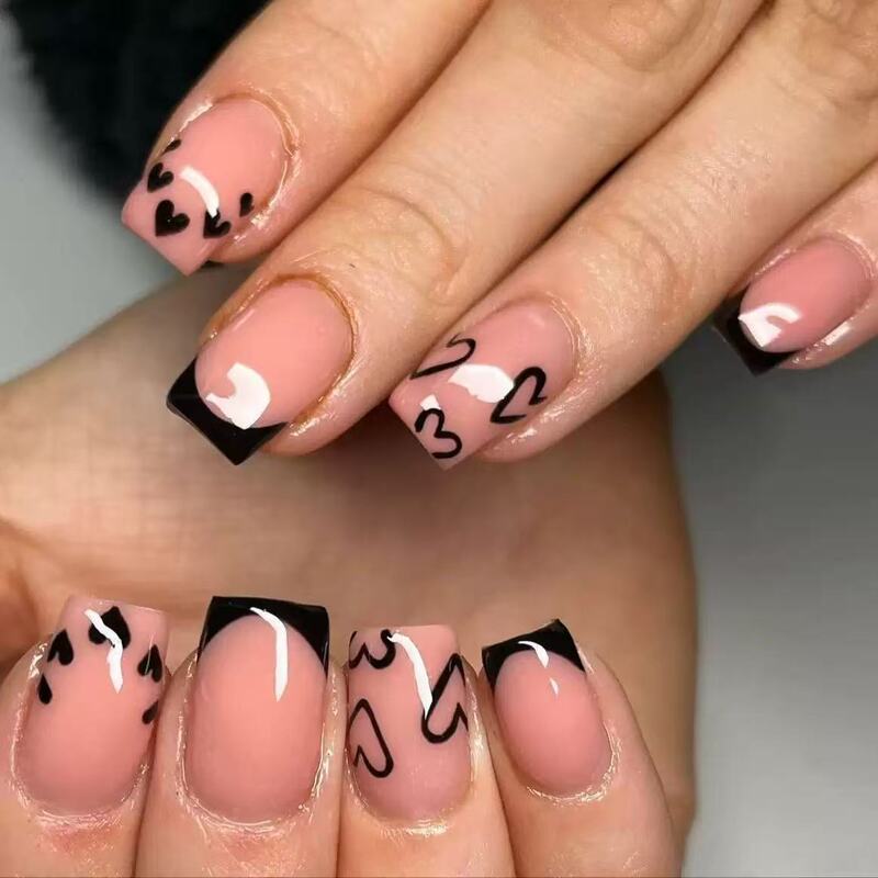 Valentine's Day Black Short French-Style Press-On Nails with Cute Hollow Heart Design, Black Heart-Shaped Nail Art