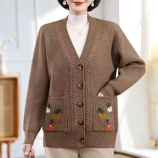 中年妈妈装春秋新款针织开衫外套中老年秋冬季宽松毛衣女装厚上衣