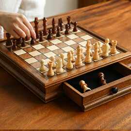 象棋木质磁性套装抽屉款胡桃木实木沙比利棋盒chess收藏