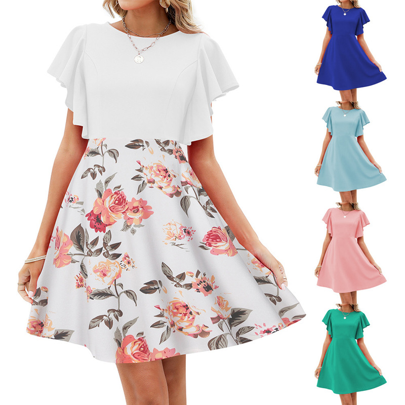 2025 New Slim-Fit Dress Summer Women's Clothing European and American Short-Sleeved Round Neck Fashionable Temperament Mid-Length Waist-Cinching A-Line Skirt