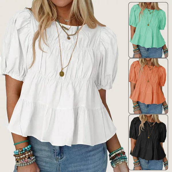 2025 Cross-Border New Summer Puff Sleeve Babydoll Shirt Short-Sleeved Loose Casual A-Line Pleated Style Top