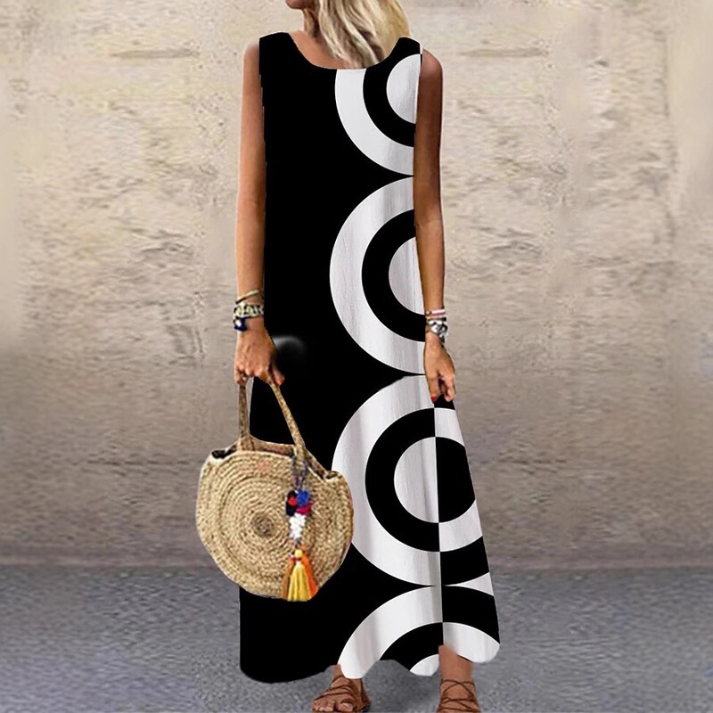 Colorful Sleeveless Spring and Summer Round Neck Women's Shift Maxi Dress Cross-Border Long Skirt for Leisure and Vacation