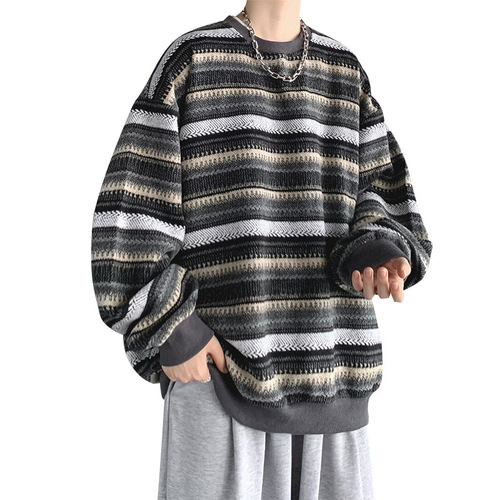 Retro Striped Men's Spring Trendy Versatile Loose Crew Neck Top Korean Style Streetwear Casual Hooded Sweatshirt