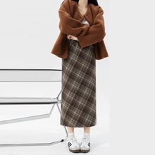 格子毛呢半身裙女秋季高腰复古包臀裙松紧腰高级感中长款a字裙