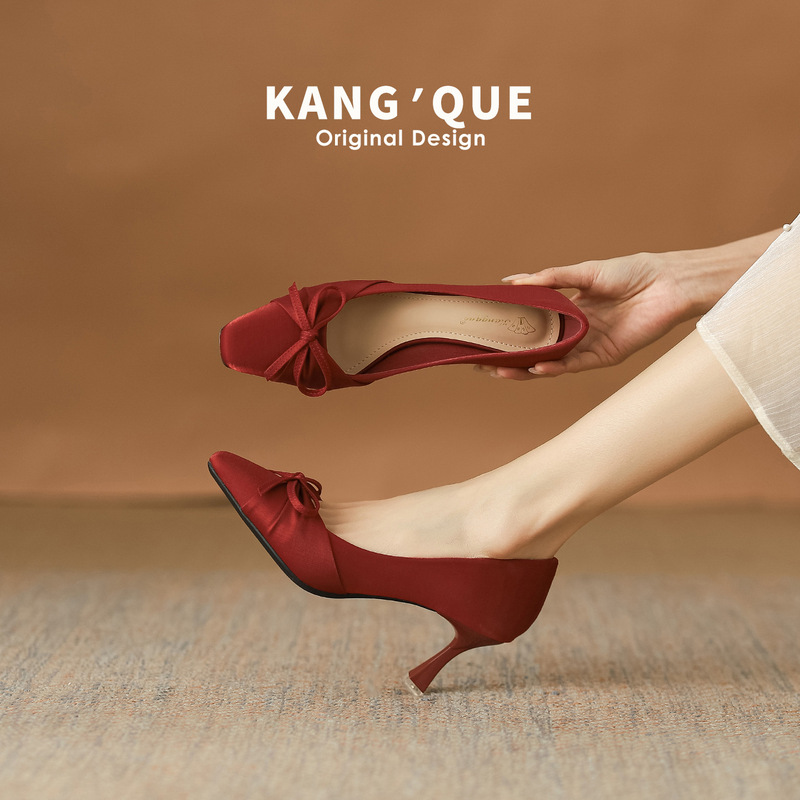 Sheepskin Version 2026 New Model Red Square-Toe High-Heeled Bridal Satin High-Heeled Shoes Women's Single Shoes Red Wedding Shoes for Women Sheepskin Version 2026 New Model Red Square-Toe High-Heeled Bridal Satin High-Heeled Shoes Women's Single Shoes Red Wedding Shoes for Women