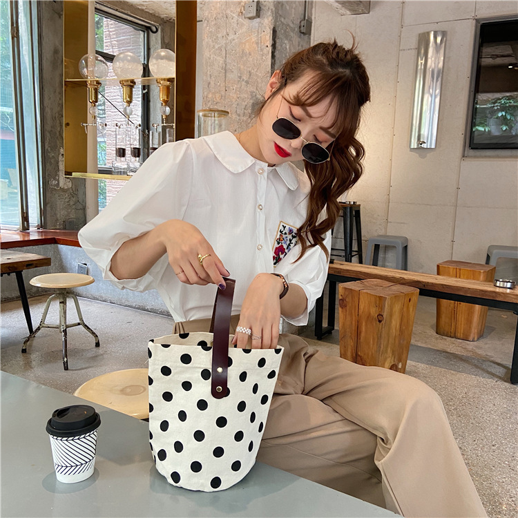 Canvas Material Smile Face, Round Dots Pattern Women's Medium Canvas Round Dots Smile Face Cute Bucket Open Handbag