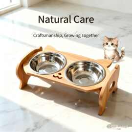 木质卡通宠物碗架双碗宠物粮食盆饮水架实木护颈宠物餐桌猫碗架