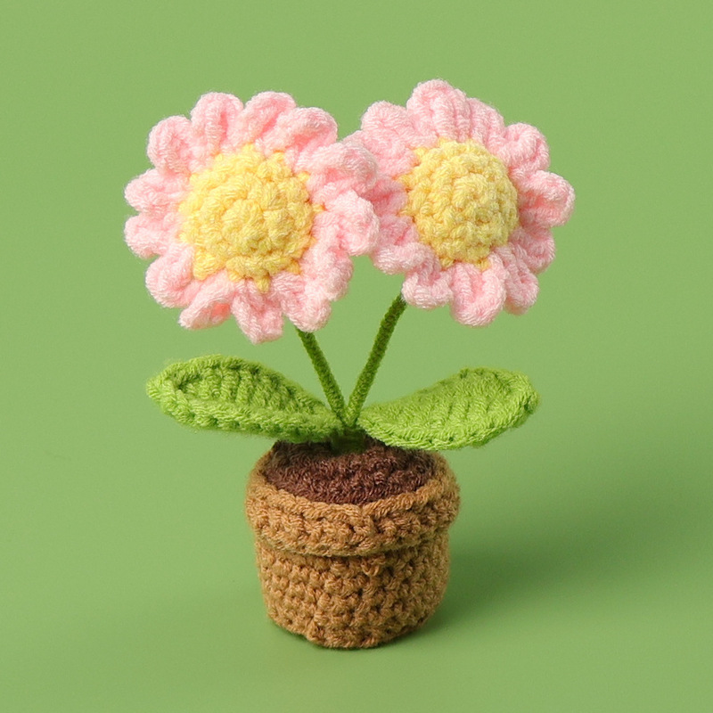完成品クロスボーダー手作りウールかぎ針編み忘れなしひまわり模擬花鉢植えクリエイティブデスクトップ装飾品車の装飾造花|undefined