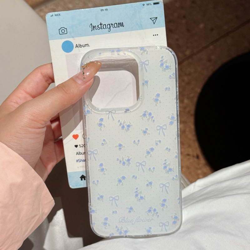 Lazo floral azul coreano para Apple 15Pro/16Pro funda para teléfono móvil 14 cadena 13 femenino 16PM nuevo