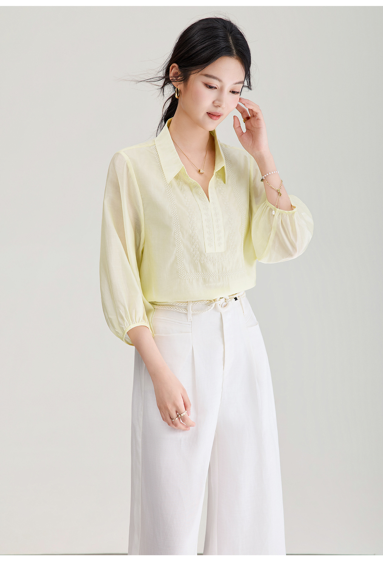Áo sơ mi nữ tay lỡ thêu hoa tay chất liệu tencel cao cấp — màu trắng chi tiết 16
