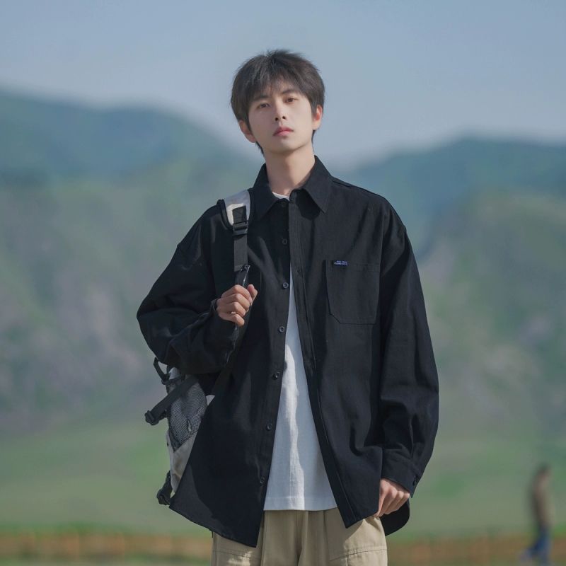 Japanese-Style Black Workwear Long-Sleeve Shirt Jacket for Men 2024 New Jacket Spring and Autumn Vintage Versatile Loose Shirt