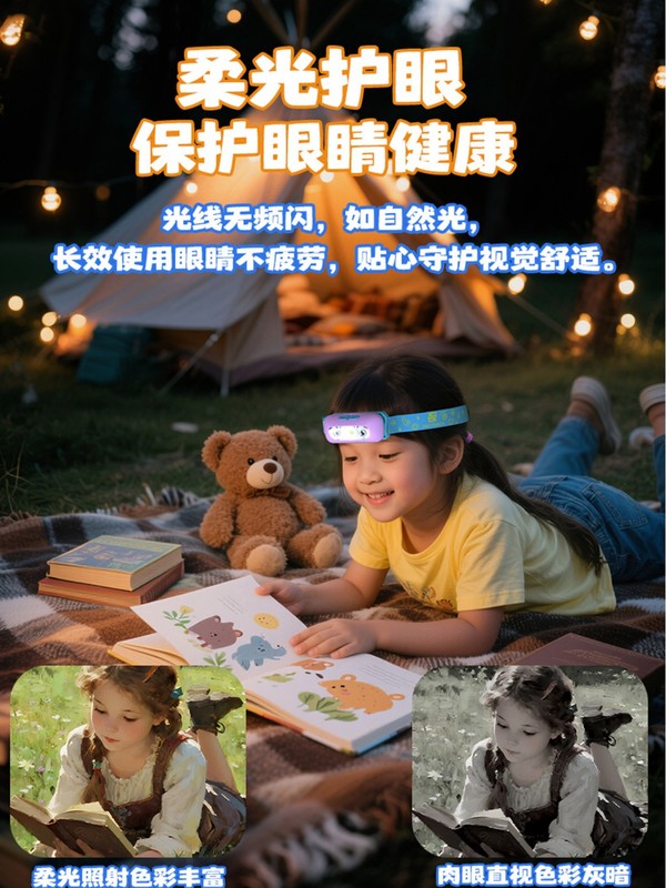 儿童头灯智能挥手感应开关防水高续航多灯珠不闪频护眼头戴阅读灯|undefined