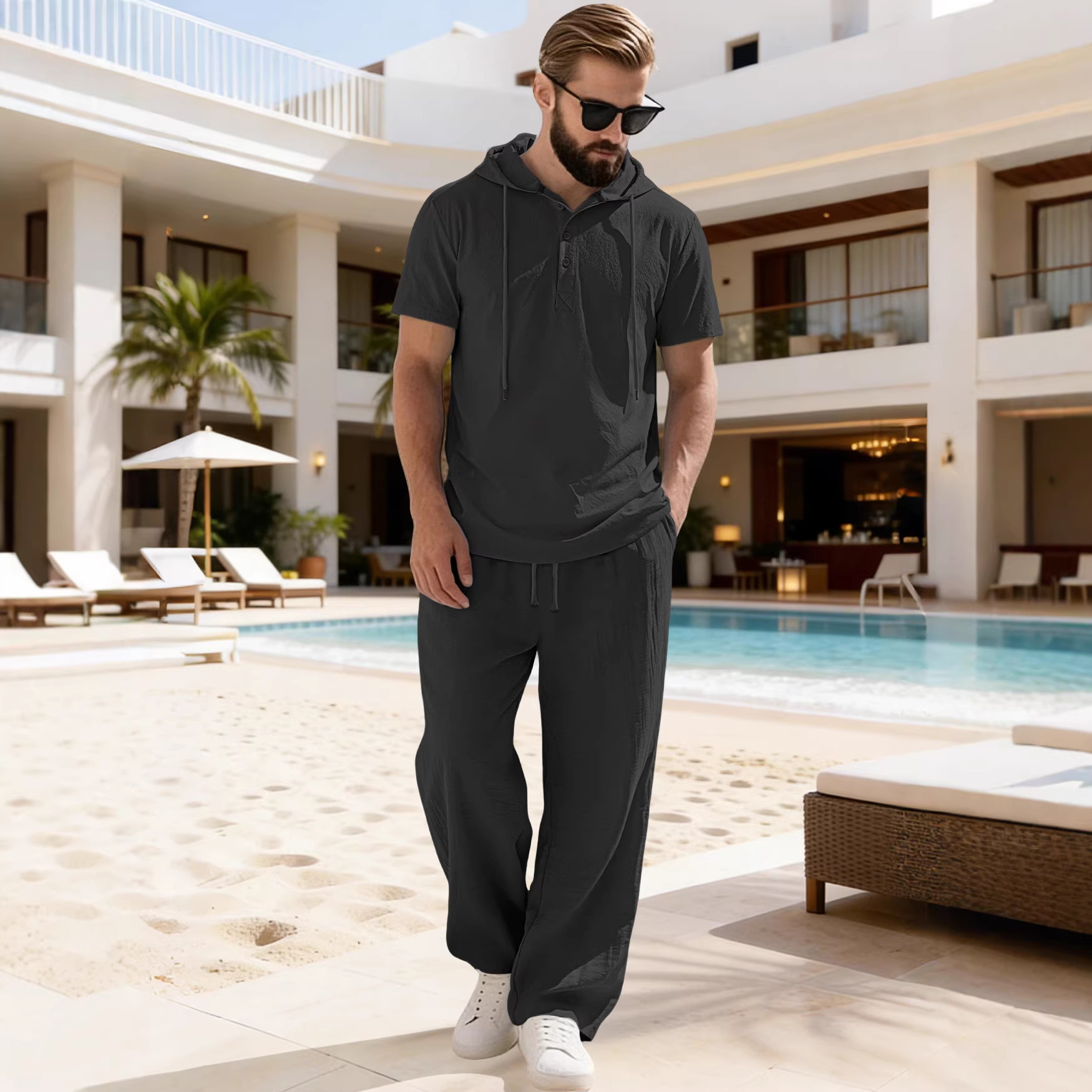 Transfronterizos Europa y América Amazon hombre nuevo encapuchado abrazado camisa de algodón y lino de manga corta casual pantalones largos de manga corta set hombre