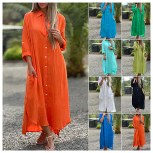 2023 cross-border Amazon women's clothing dress cotton linen shirt long dress fashion casual long sleeve cardigan dress