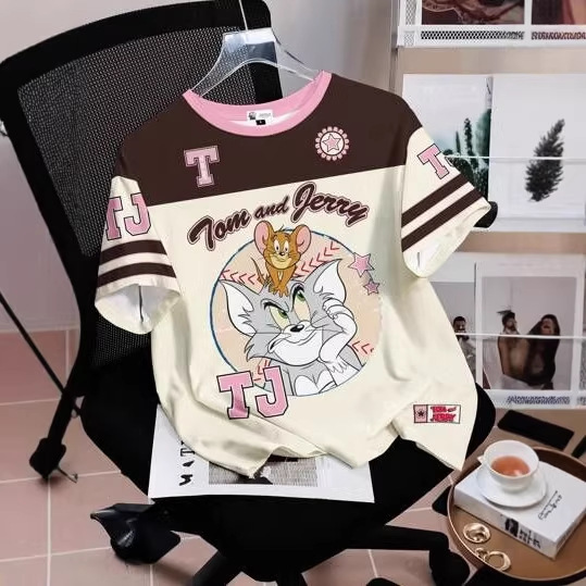 Summer Women's T-Shirt 3D Digital Print Tom and Jerry Pattern Round Neck T-Shirt Short-Sleeved Top Breathable