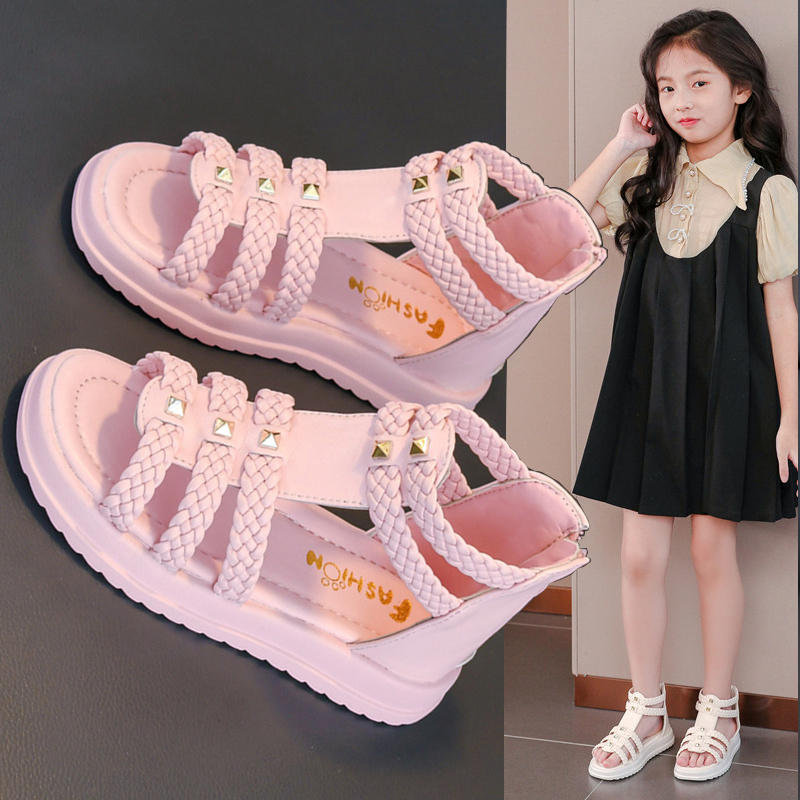 Children's Sandals Summer 2026 New Fashion Open-Toe Princess Shoes for Older Kids Soft-Soled Elementary School Girls' Roman Shoes