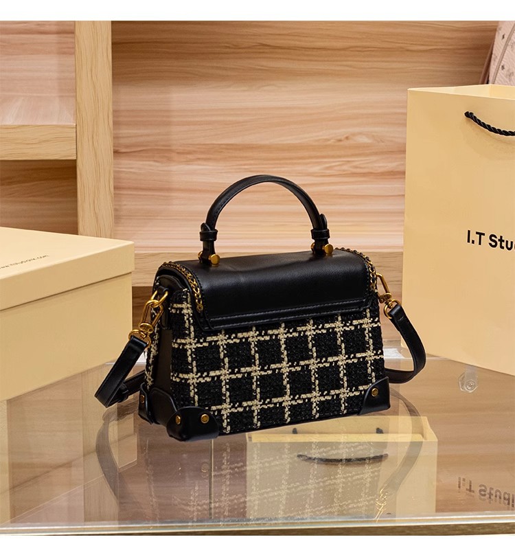 Túi xách tay da thật họa tiết houndstooth cổ điển phong cách Chanel, quai đeo chéo — Màu đen chi tiết 9