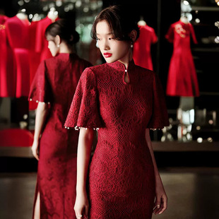 Cheongsam toasting dress Chinese red wedding bride cheongsam 2025 new autumn and winter engagement improved version stand collar dress for women