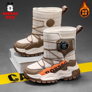 Babudou Children's Snow Boots 2024 Winter Boys' Leather Surface with Fleece Lining Thickened Warm Girls' Cotton Shoes Waterproof Non-Slip