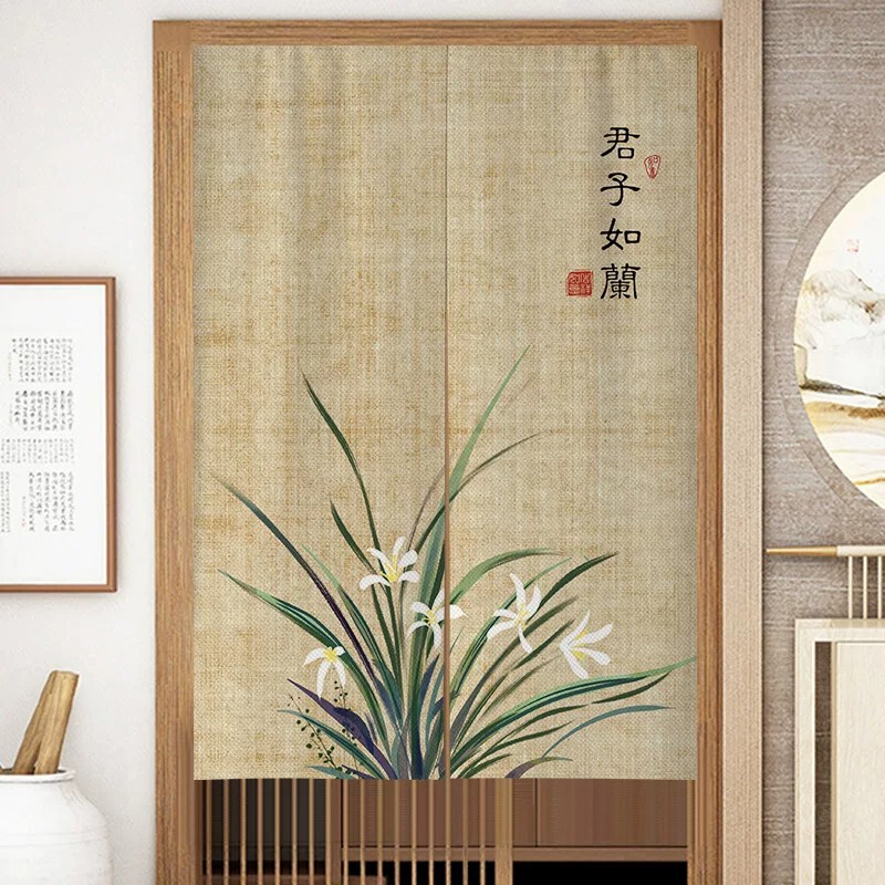 Chinese-style retro door curtain, Zen-inspired fabric screen, bedroom or tea room partition curtain, antique-style room divider, bathroom half curtain