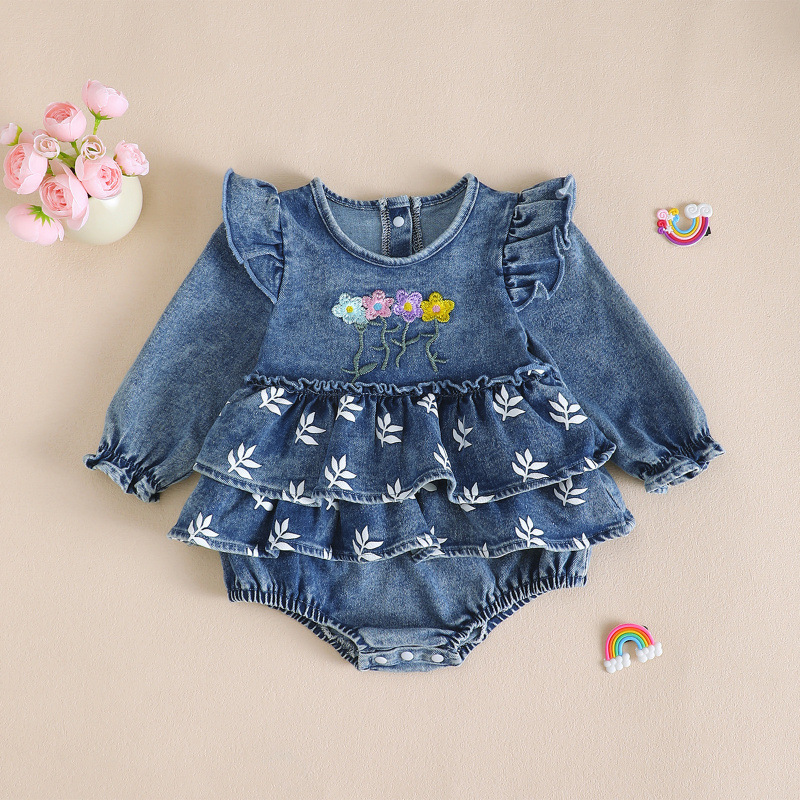 2025 New Cross-Border Fashion Autumn and Winter Long-Sleeve Denim Flutter-Sleeve Dress with Open Back for Infants and Toddlers