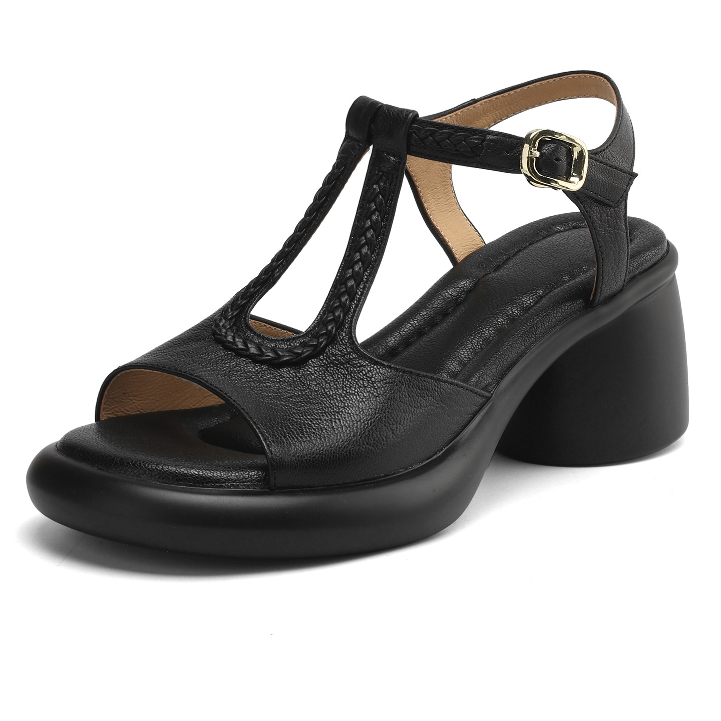 Sandal La Mã cao gót mùa hè size lớn 34-41, đế xuồng gót dày, mũi hở, chất liệu dệt — đen