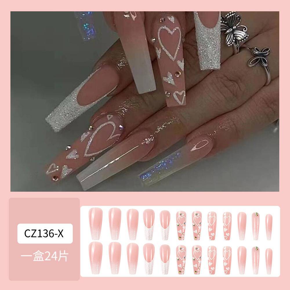 Transfronterizo venta de diamante rosa de amor de manicura dulce estilo francés para usar uñas 24 piezas de parche de uñas falsas