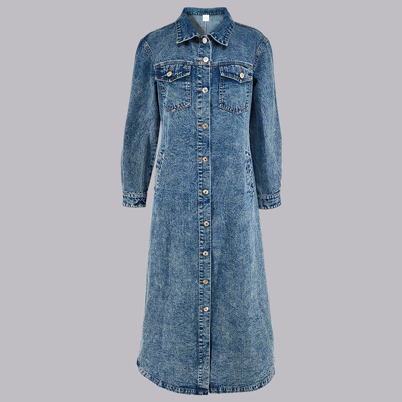 Elegant Long Denim Coat For Women, Mid Blue And Black Trench Style Jacket, Versatile Career Outerwear For Fall_ecoleips.com