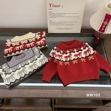 女童韩版2025冬季新款加绒毛衣女童红色圆领年服条纹卡通小马上衣