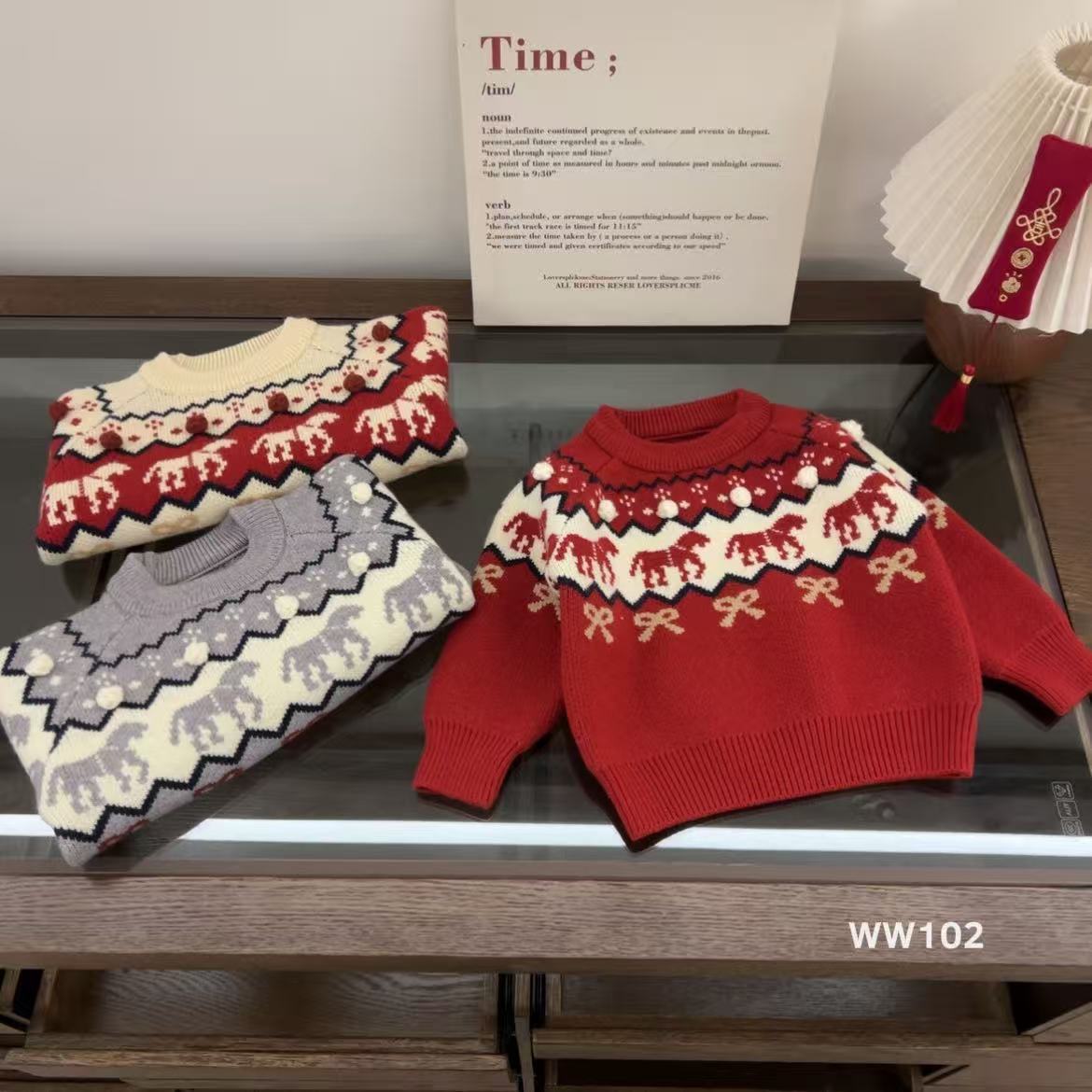 女童韩版2025冬季新款加绒毛衣女童红色圆领年服条纹卡通小马上衣