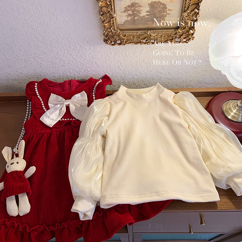 Niñas otoño e invierno conejo colgante traje de base forrado de lana bebé niñas estilo occidental dulce princesa vestido de lana forrado de dos piezas traje de moda